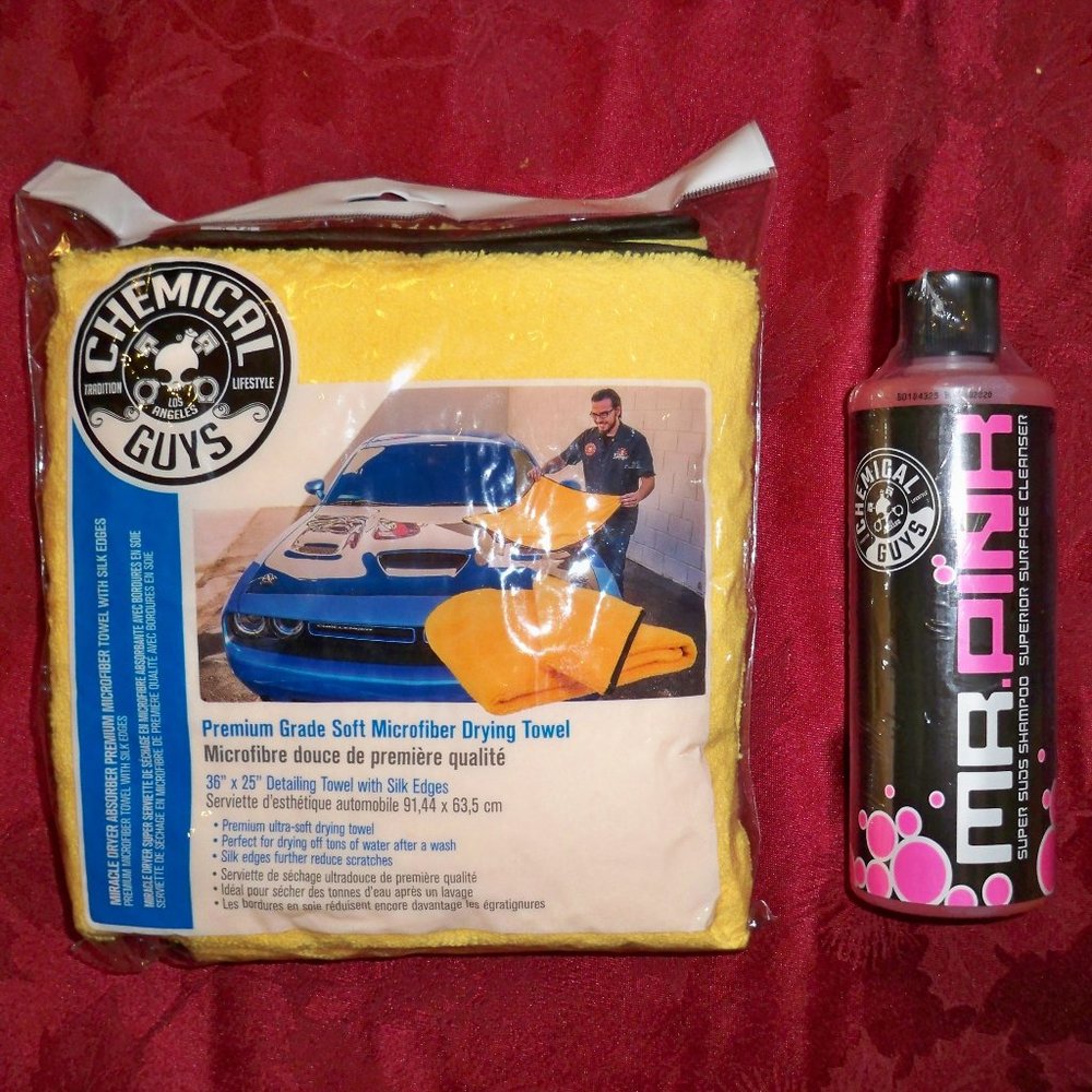 chemical guys premium towel and mr pink car wash shampoo